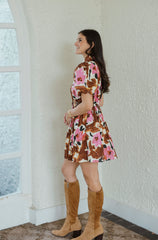 Entro Pink and Brown Floral Puff Sleeve Mini Dress