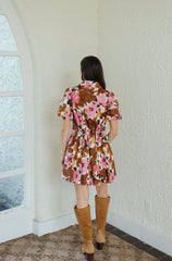 Entro Pink and Brown Floral Puff Sleeve Mini Dress