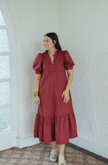The Ginny Merlot Ruffle Hem Midi Dress