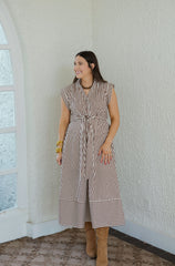Entro Tie Waist Brown and White Stripe Midi Dress