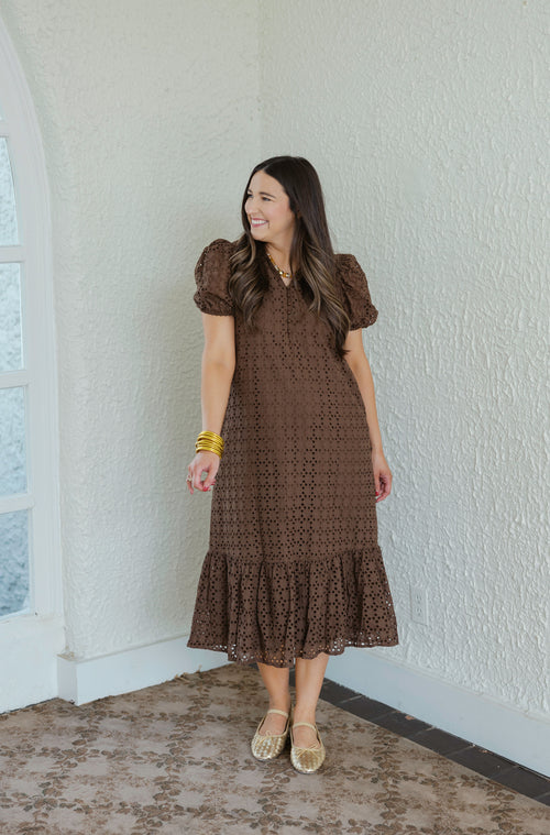Entro Puff Sleeve Eyelet Maxi Dress in Chocolate Brown