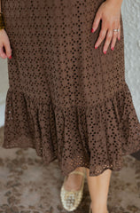 Entro Puff Sleeve Eyelet Maxi Dress in Chocolate Brown