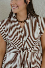 Entro Tie Waist Brown and White Stripe Midi Dress