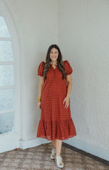 Entro Puff Sleeve Eyelet Maxi Dress in Rust