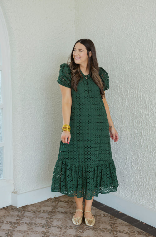 Entro Puff Sleeve Eyelet Maxi Dress in Hunter Green