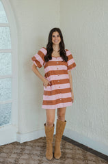 The Gwen Pink and Brown Puff Sleeve Shift Dress