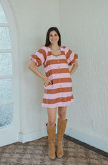 The Gwen Pink and Brown Puff Sleeve Shift Dress