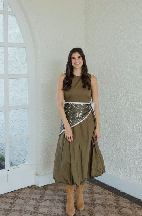 Entro Olive Green Midi Dress with Scarf