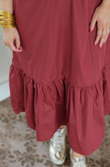 The Ginny Merlot Ruffle Hem Midi Dress