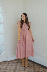 Entro Tie Waist Pink and Brown Stripe Midi Dress