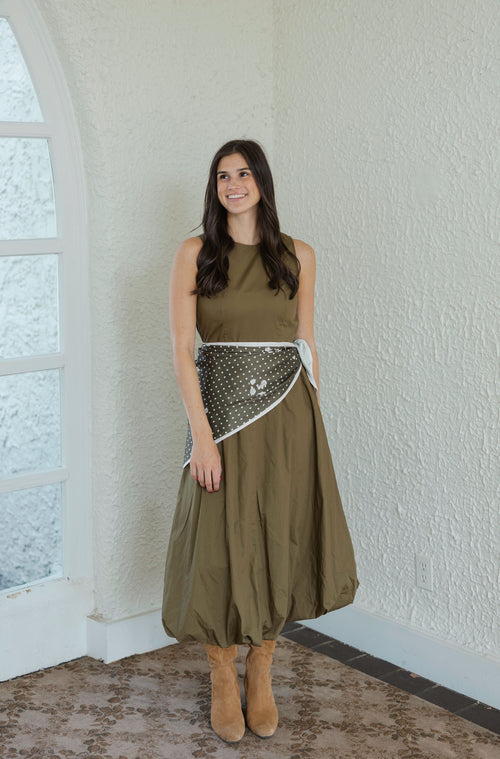 Entro Olive Green Midi Dress with Scarf