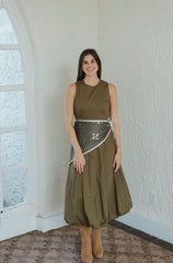 Entro Olive Green Midi Dress with Scarf