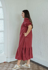 The Ginny Merlot Ruffle Hem Midi Dress
