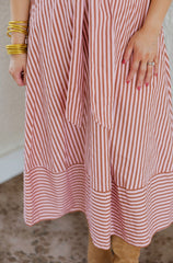Entro Tie Waist Pink and Brown Stripe Midi Dress