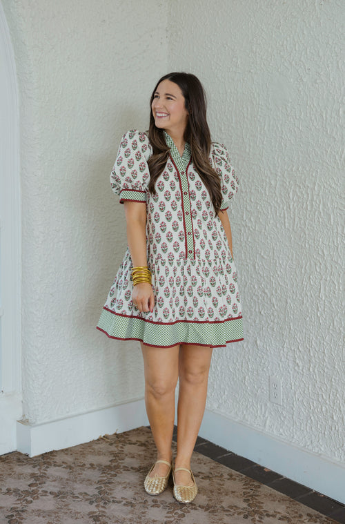 Entro Green and Red Block Print Mini Dress