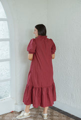 The Ginny Merlot Ruffle Hem Midi Dress