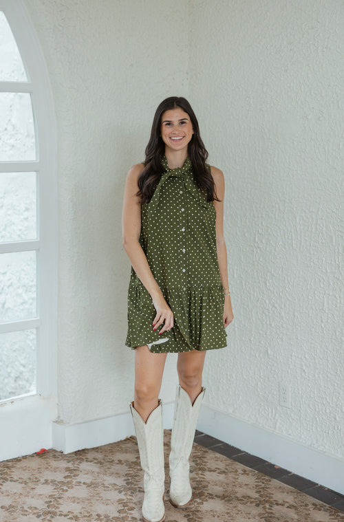 Entro Green and White Polka Dot Scarf Mini Dress