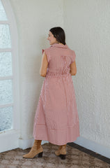 Entro Tie Waist Pink and Brown Stripe Midi Dress