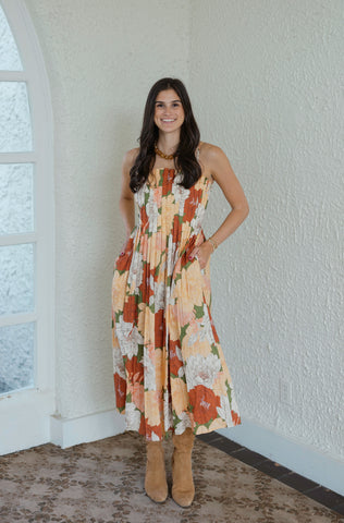 Entro Tie Waist Pink and Brown Stripe Midi Dress
