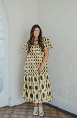 The Elizabeth Brown and Yellow Geo Print Midi Dress