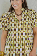 The Elizabeth Brown and Yellow Geo Print Midi Dress