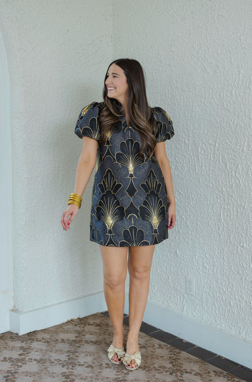 Entro Black and Gold Jacquard Puff Sleeve Mini Dress