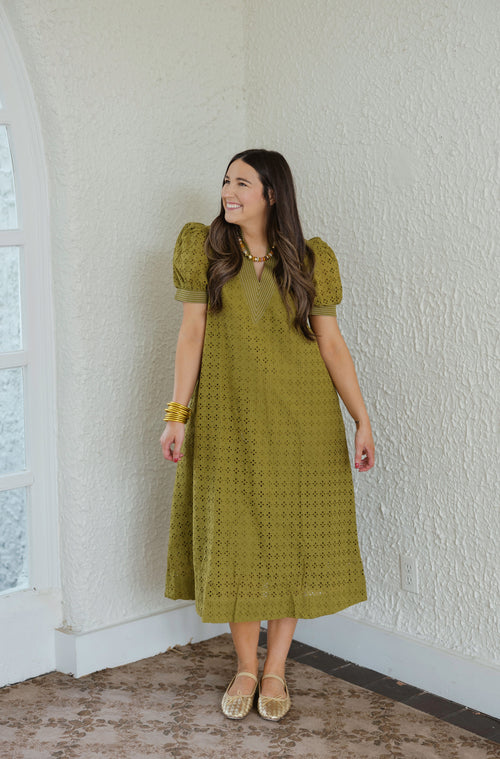 Entro Eyelet Martini Olive Midi Dress