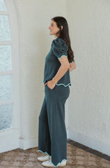 Entro Scalloped Puff Sleeve Top in Forest Green