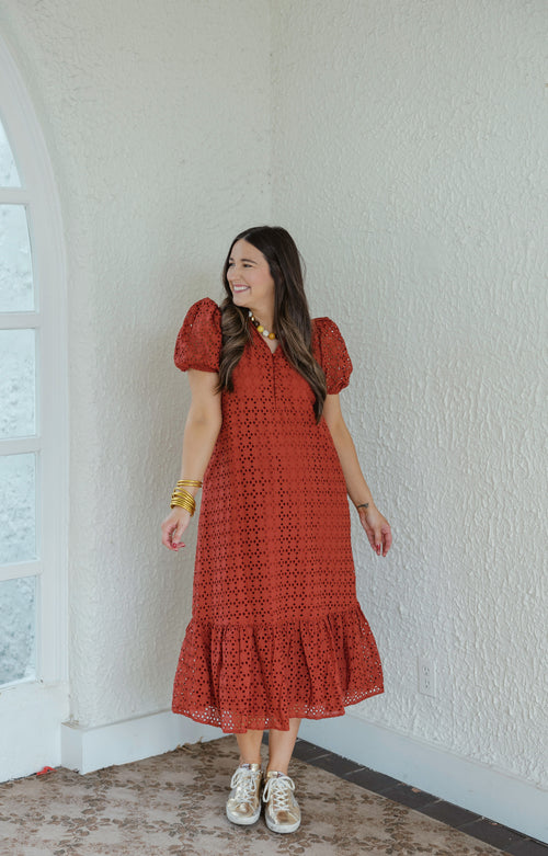 Entro Puff Sleeve Eyelet Maxi Dress in Rust