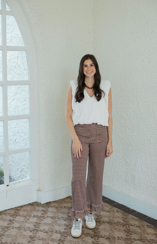 Entro Brown Gingham Ruffle Hem Pant