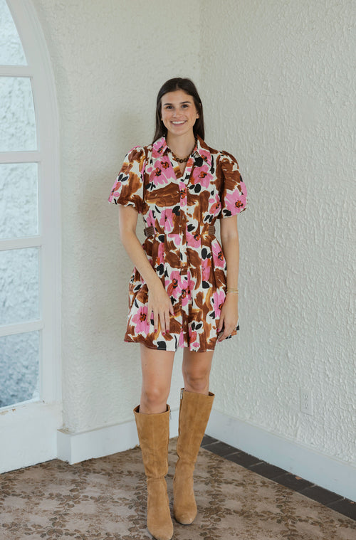 Entro Pink and Brown Floral Puff Sleeve Mini Dress