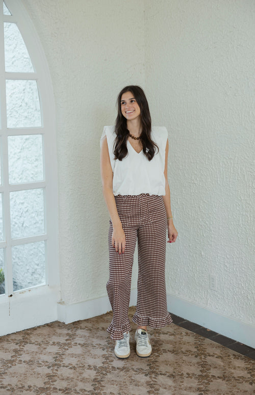 Entro Brown Gingham Ruffle Hem Pant