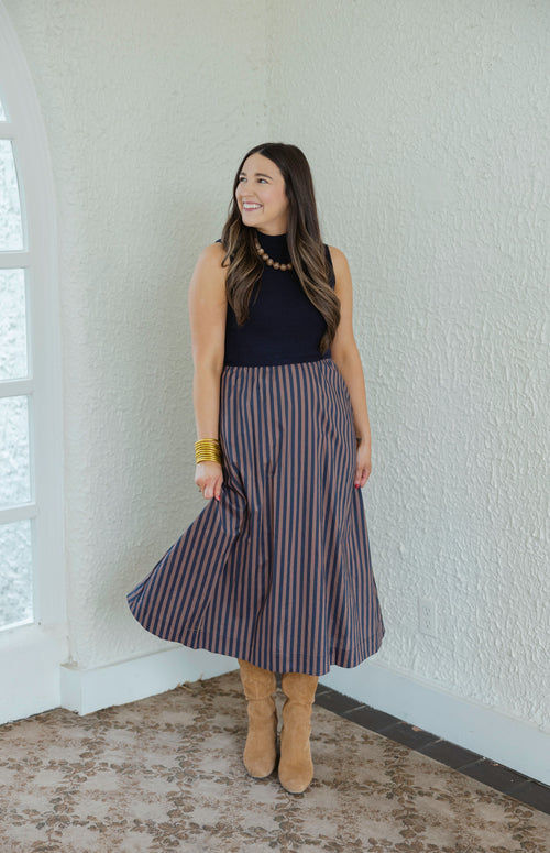 Entro Mixed Media Brown and Blue Stripe Midi Dress