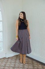 Entro Mixed Media Brown and Blue Stripe Midi Dress