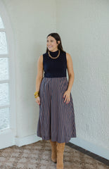 Entro Mixed Media Brown and Blue Stripe Midi Dress