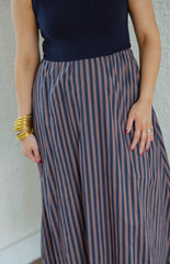 Entro Mixed Media Brown and Blue Stripe Midi Dress