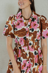 Entro Pink and Brown Floral Puff Sleeve Mini Dress
