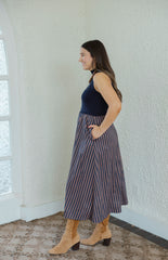 Entro Mixed Media Brown and Blue Stripe Midi Dress