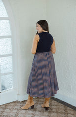 Entro Mixed Media Brown and Blue Stripe Midi Dress