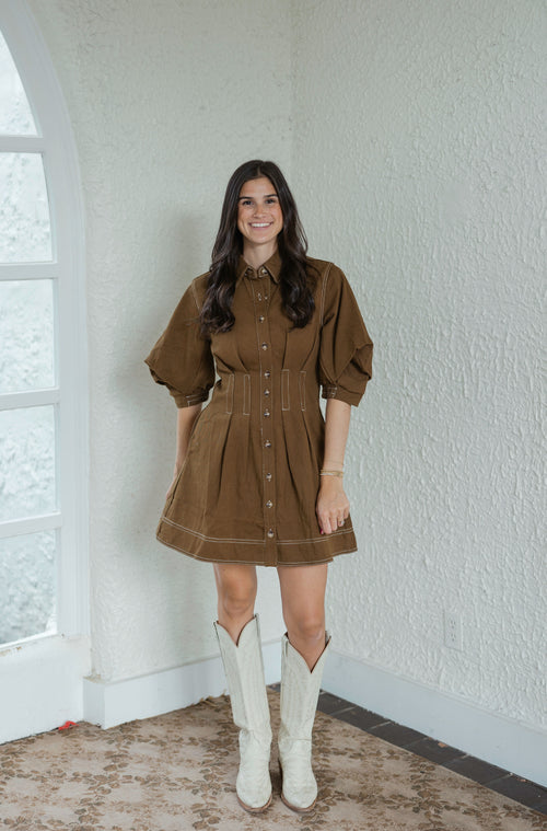 Entro Brown Denim Cinched Waist Mini Dress