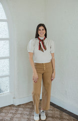 Entro Ecru Short Sleeve Sweater with Attached Cheetah Scarf