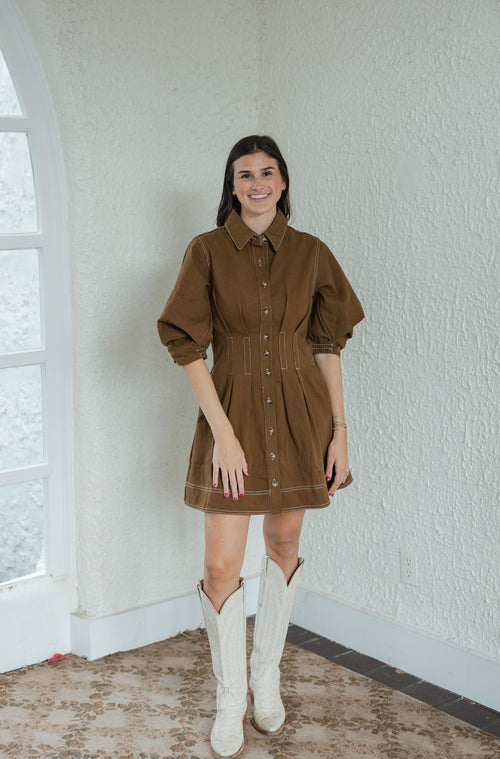 Entro Brown Denim Cinched Waist Mini Dress