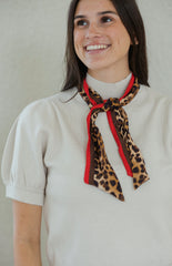 Entro Ecru Short Sleeve Sweater with Attached Cheetah Scarf