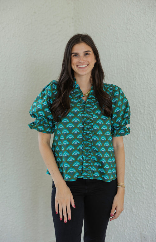 Entro Green and Blue Ruffle Neck Top