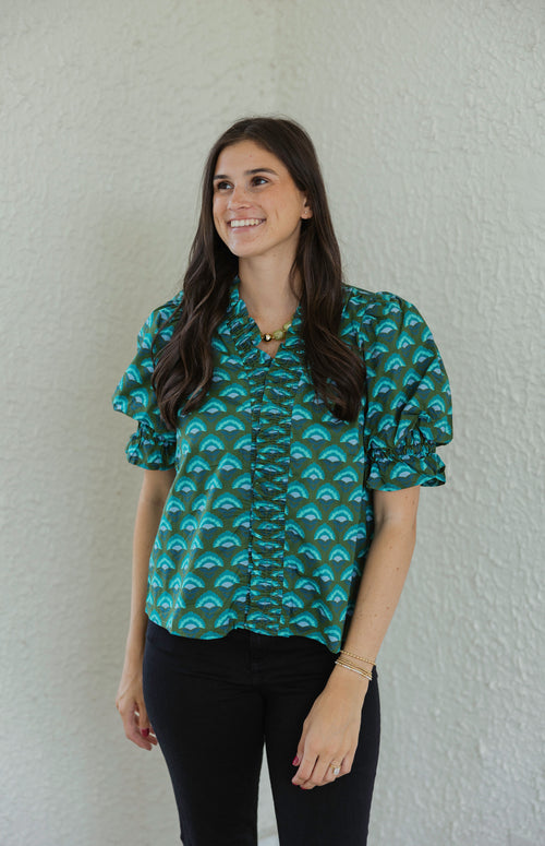 Entro Green and Blue Ruffle Neck Top
