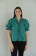 Entro Green and Blue Ruffle Neck Top