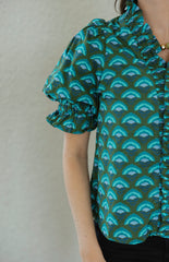 Entro Green and Blue Ruffle Neck Top