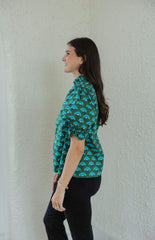 Entro Green and Blue Ruffle Neck Top