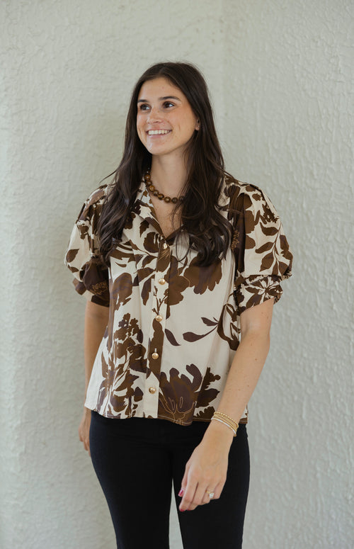 Entro Brown Floral Puff Sleeve Top