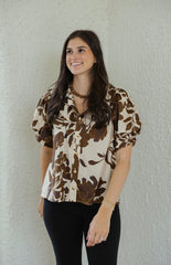 Entro Brown Floral Puff Sleeve Top